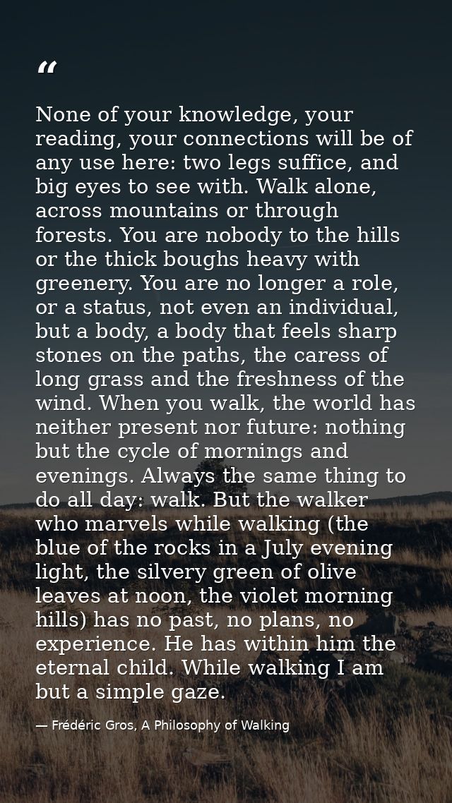 None of your knowledge, your reading, your connections will be of any use here: two legs suffice, and big eyes to see wi — Frédéric Gros, A Philosophy of Walking
