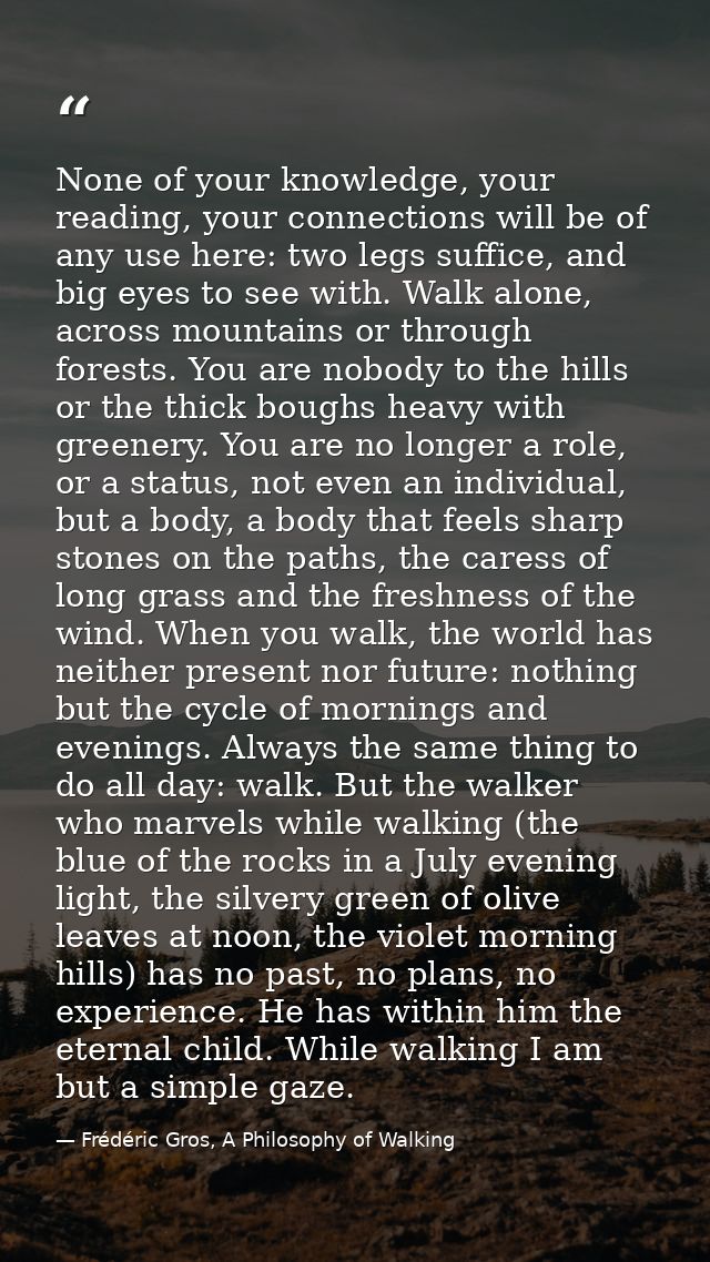 None of your knowledge, your reading, your connections will be of any use here: two legs suffice, and big eyes to see wi — Frédéric Gros, A Philosophy of Walking