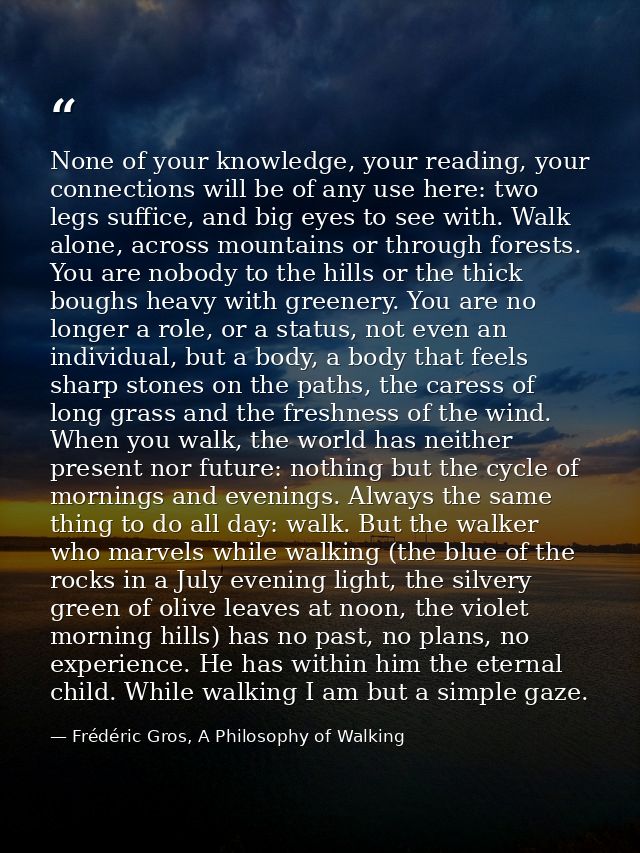 None of your knowledge, your reading, your connections will be of any use here: two legs suffice, and big eyes to see wi — Frédéric Gros, A Philosophy of Walking