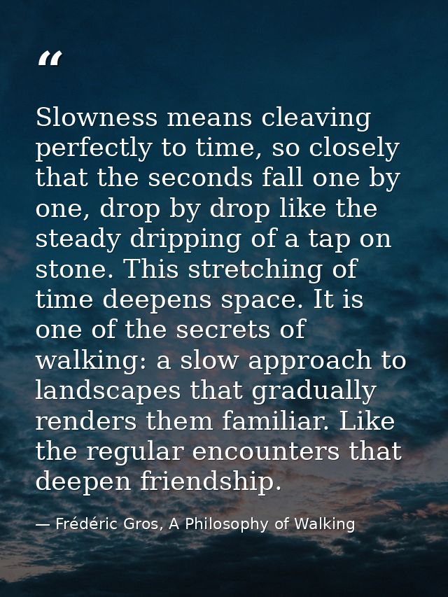 Slowness means cleaving perfectly to time, so closely that the seconds fall one by one, drop by drop like the steady dri — Frédéric Gros, A Philosophy of Walking
