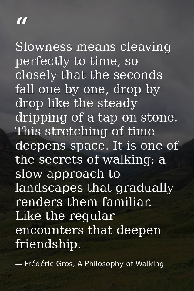 Slowness means cleaving perfectly to time, so closely that the seconds fall one by one, drop by drop like the steady dri — Frédéric Gros, A Philosophy of Walking