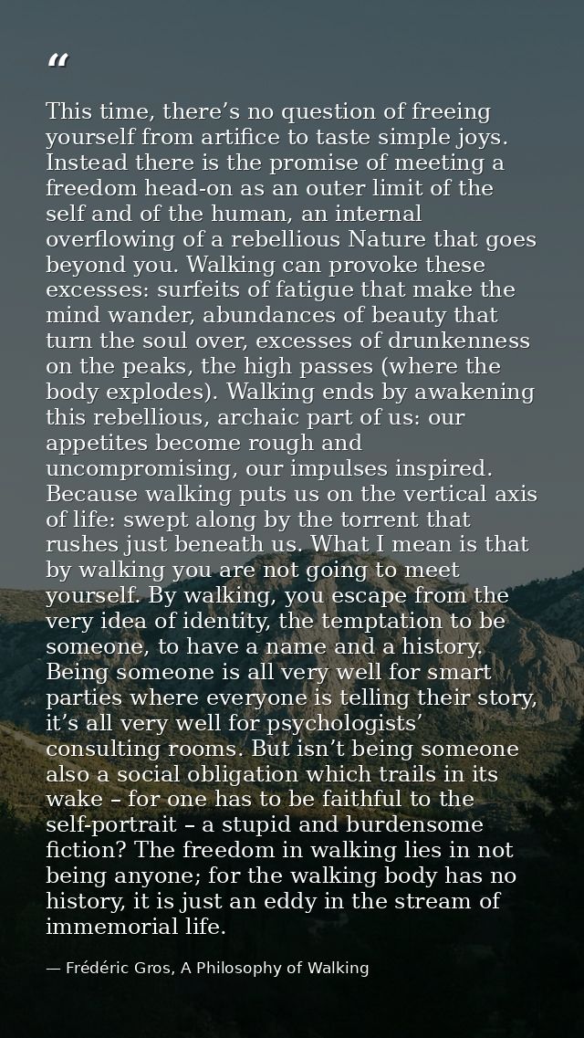 This time, there’s no question of freeing yourself from artifice to taste simple joys. Instead there is the promise of m — Frédéric Gros, A Philosophy of Walking