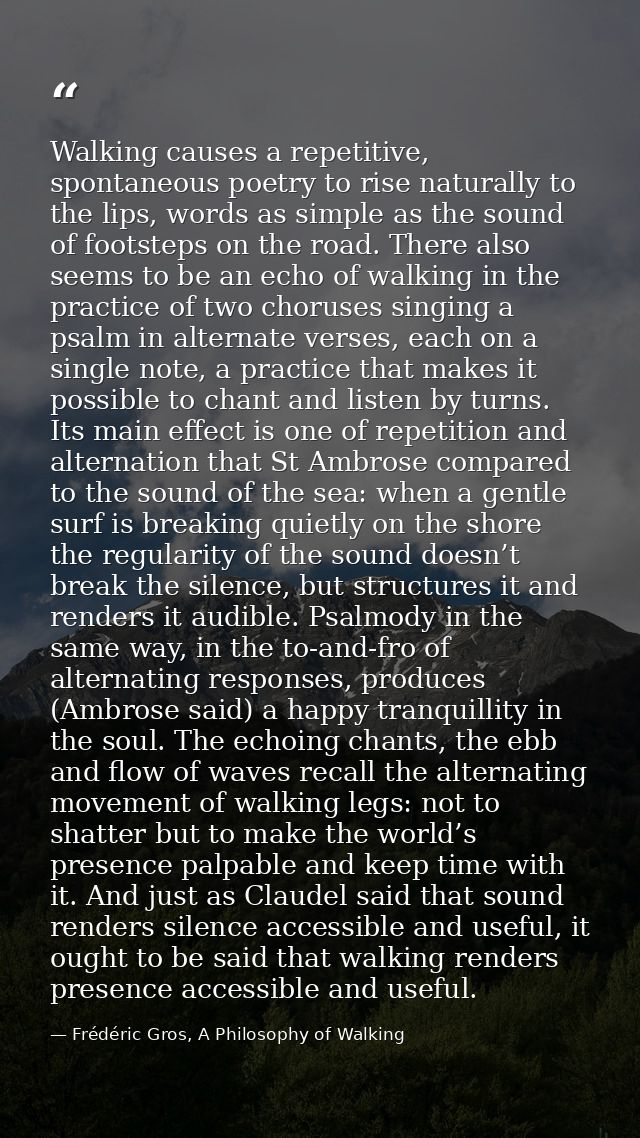 Walking causes a repetitive, spontaneous poetry to rise naturally to the lips, words as simple as the sound of footsteps — Frédéric Gros, A Philosophy of Walking