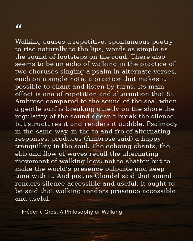 Walking causes a repetitive, spontaneous poetry to rise naturally to the lips, words as simple as the sound of footsteps — Frédéric Gros, A Philosophy of Walking