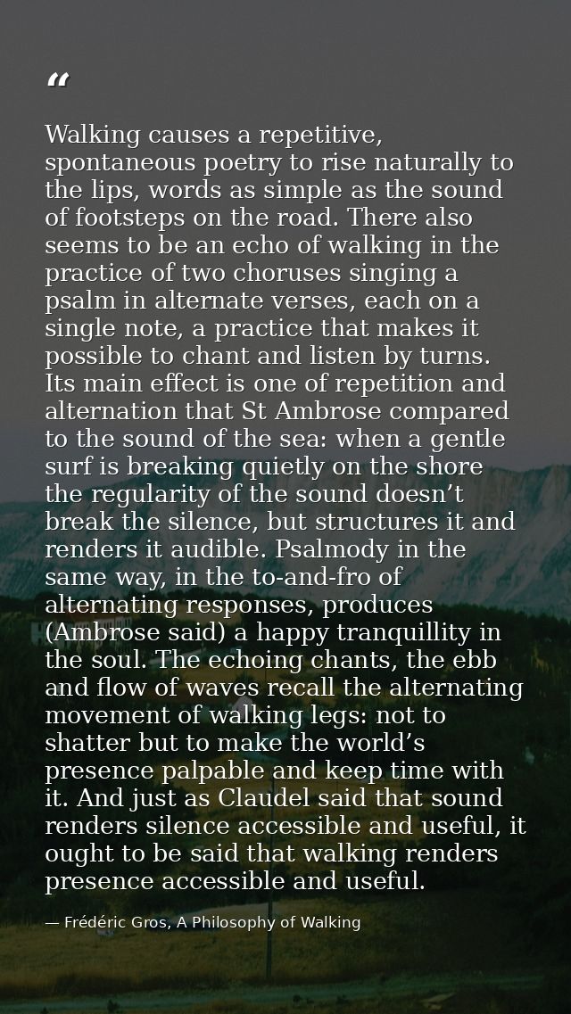 Walking causes a repetitive, spontaneous poetry to rise naturally to the lips, words as simple as the sound of footsteps — Frédéric Gros, A Philosophy of Walking