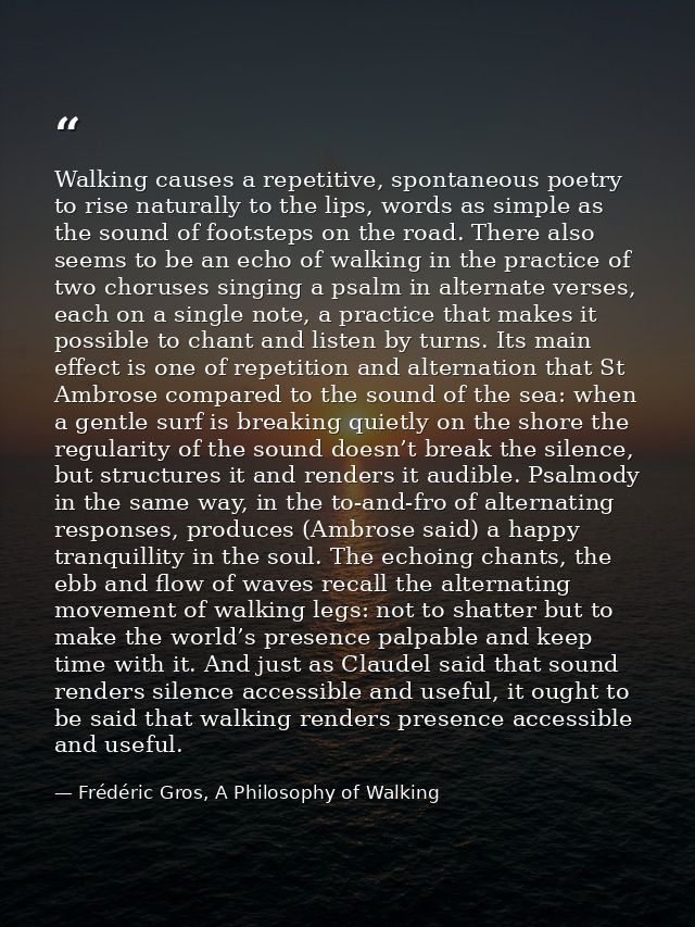 Walking causes a repetitive, spontaneous poetry to rise naturally to the lips, words as simple as the sound of footsteps — Frédéric Gros, A Philosophy of Walking