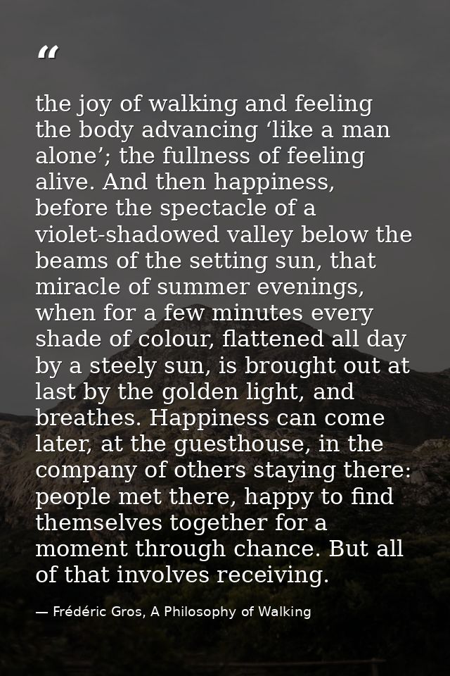 the joy of walking and feeling the body advancing ‘like a man alone’; the fullness of feeling alive. And then happiness, — Frédéric Gros, A Philosophy of Walking