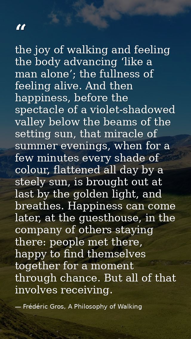 the joy of walking and feeling the body advancing ‘like a man alone’; the fullness of feeling alive. And then happiness, — Frédéric Gros, A Philosophy of Walking