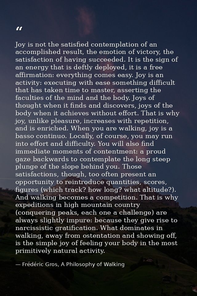 Joy is not the satisfied contemplation of an accomplished result, the emotion of victory, the satisfaction of having suc — Frédéric Gros, A Philosophy of Walking