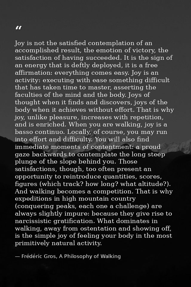 Joy is not the satisfied contemplation of an accomplished result, the emotion of victory, the satisfaction of having suc — Frédéric Gros, A Philosophy of Walking