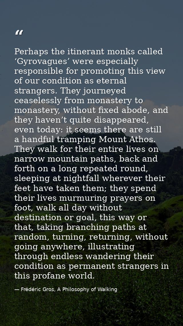 Perhaps the itinerant monks called ‘Gyrovagues’ were especially responsible for promoting this view of our condition as  — Frédéric Gros, A Philosophy of Walking
