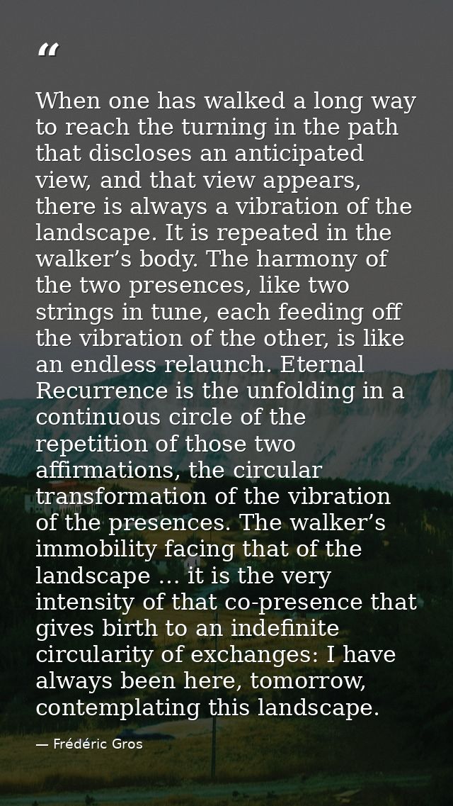 When one has walked a long way to reach the turning in the path that discloses an anticipated view, and that view appear — Frédéric Gros
