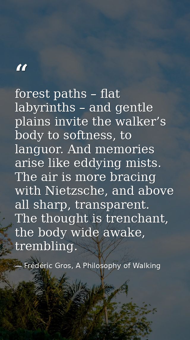 forest paths – flat labyrinths – and gentle plains invite the walker’s body to softness, to languor. And memories arise  — Frédéric Gros, A Philosophy of Walking