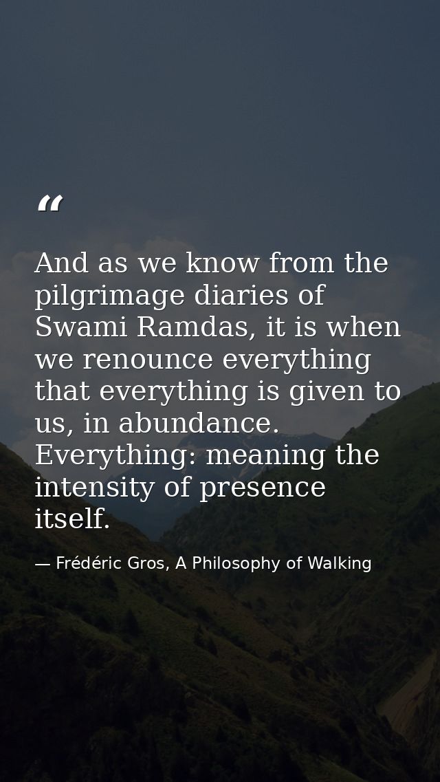 And as we know from the pilgrimage diaries of Swami Ramdas, it is when we renounce everything that everything is given t — Frédéric Gros, A Philosophy of Walking