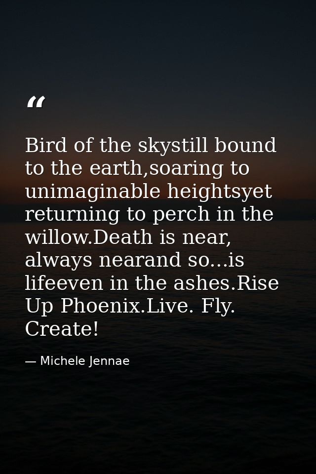 Bird of the skystill bound to the earth,soaring to unimaginable heightsyet returning to perch in the willow.Death is nea — Michele Jennae