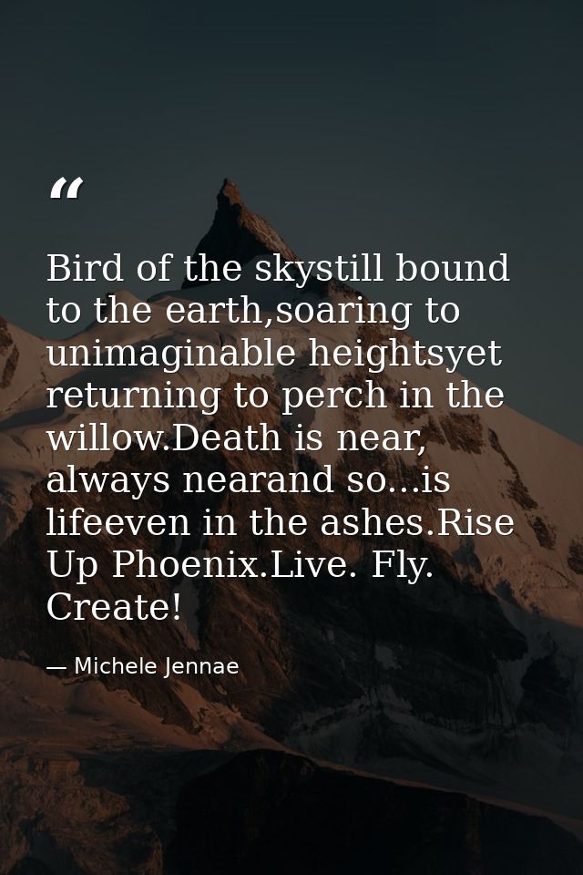 Bird of the skystill bound to the earth,soaring to unimaginable heightsyet returning to perch in the willow.Death is nea — Michele Jennae