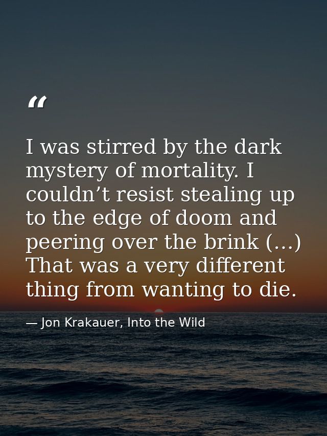 I was stirred by the dark mystery of mortality. I couldn’t resist stealing up to the edge of doom and peering over the b — Jon Krakauer, Into the Wild