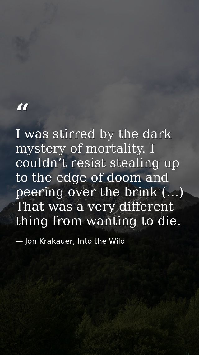 I was stirred by the dark mystery of mortality. I couldn’t resist stealing up to the edge of doom and peering over the b — Jon Krakauer, Into the Wild
