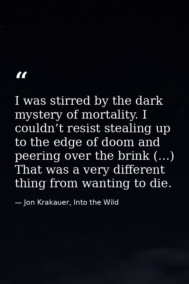 I was stirred by the dark mystery of mortality. I couldn’t resist stealing up to the edge of doom and peering over the b — Jon Krakauer, Into the Wild