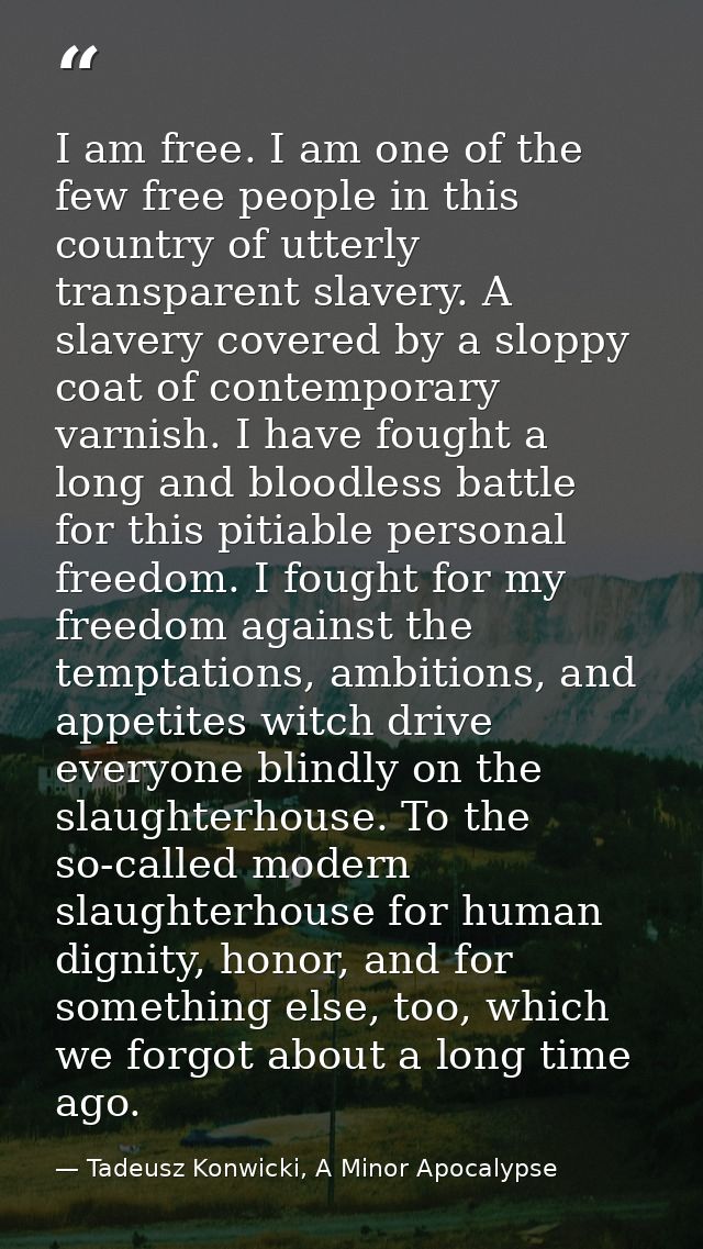 I am free. I am one of the few free people in this country of utterly transparent slavery. A slavery covered by a sloppy — Tadeusz Konwicki, A Minor Apocalypse