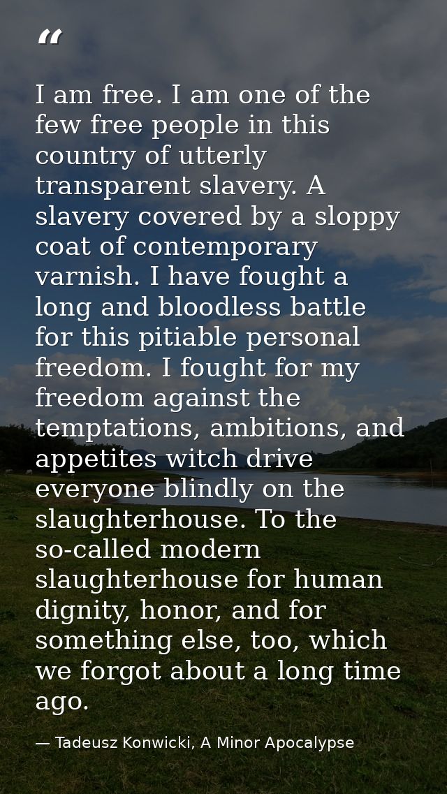 I am free. I am one of the few free people in this country of utterly transparent slavery. A slavery covered by a sloppy — Tadeusz Konwicki, A Minor Apocalypse