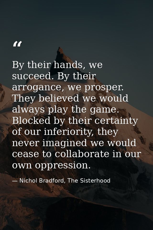 By their hands, we succeed. By their arrogance, we prosper. They believed we would always play the game. Blocked by thei — Nichol Bradford, The Sisterhood
