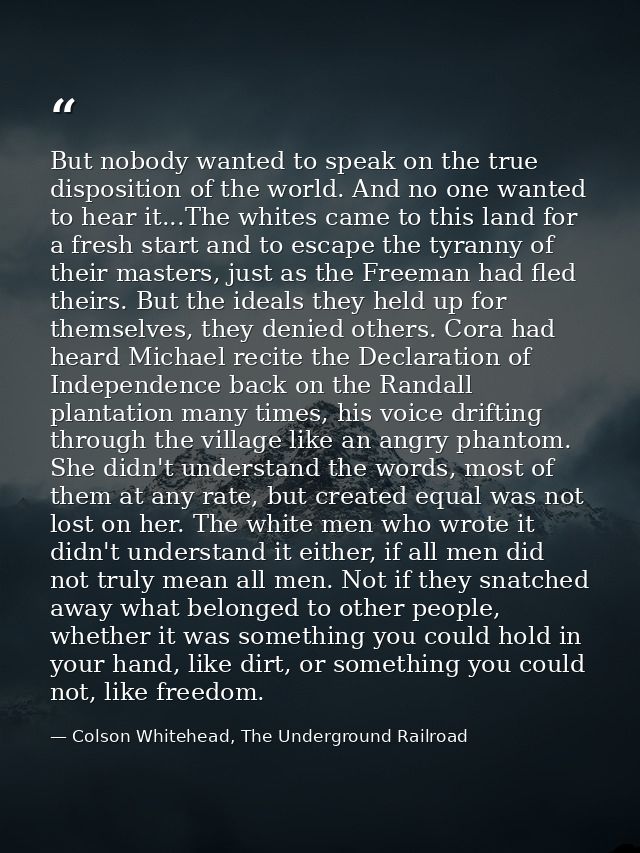 But nobody wanted to speak on the true disposition of the world. And no one wanted to hear it...The whites came to this  — Colson Whitehead, The Underground Railroad