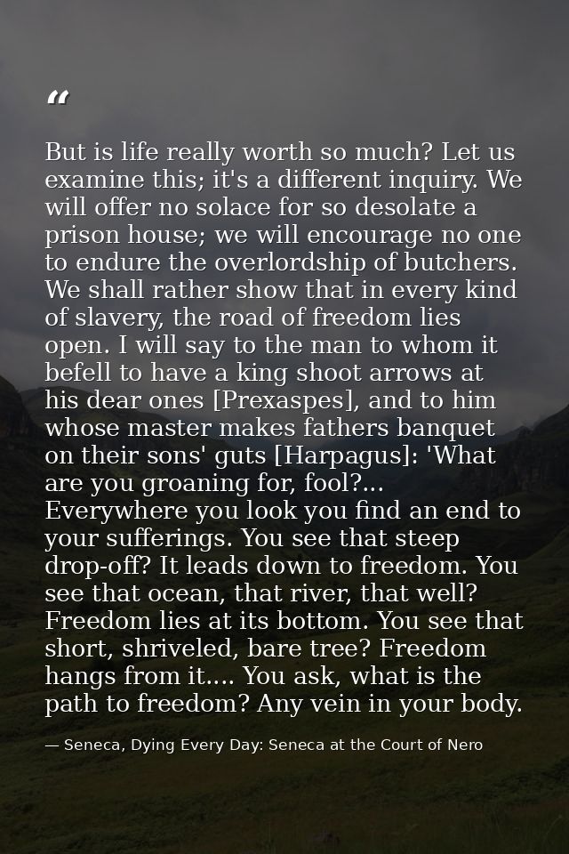 But is life really worth so much? Let us examine this; it's a different inquiry. We will offer no solace for so desolate — Seneca, Dying Every Day: Seneca at the Court of Nero