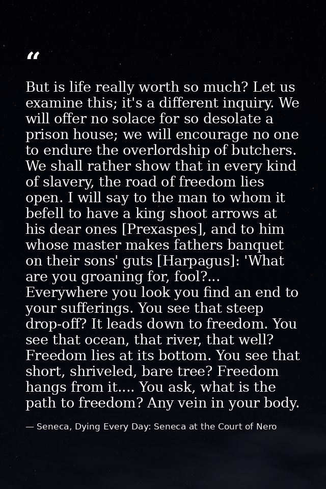 But is life really worth so much? Let us examine this; it's a different inquiry. We will offer no solace for so desolate — Seneca, Dying Every Day: Seneca at the Court of Nero