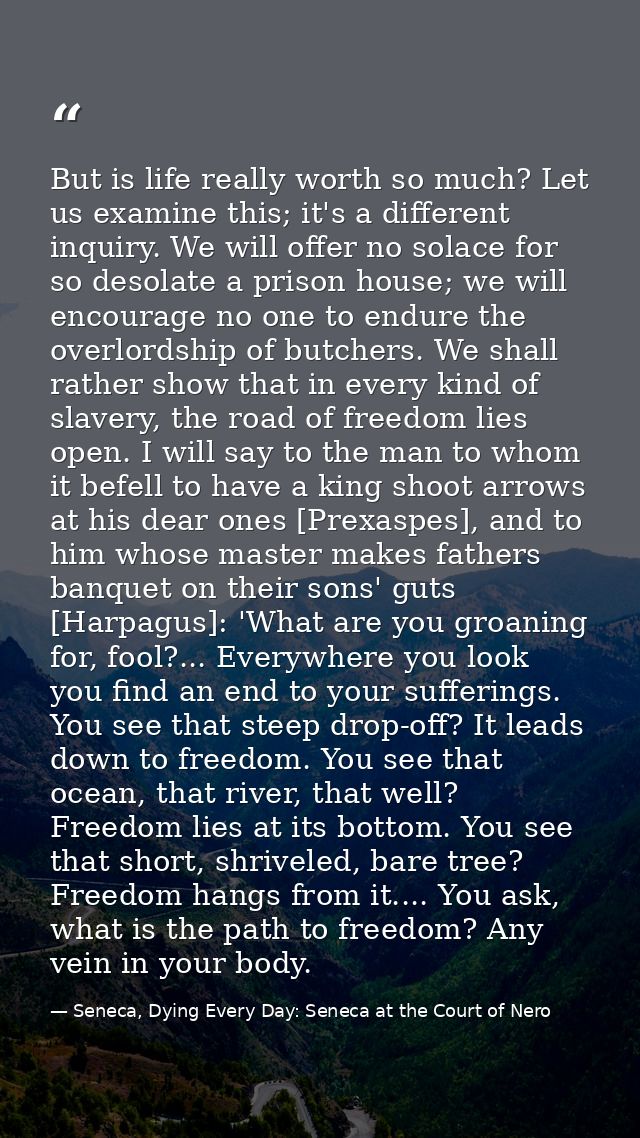 But is life really worth so much? Let us examine this; it's a different inquiry. We will offer no solace for so desolate — Seneca, Dying Every Day: Seneca at the Court of Nero