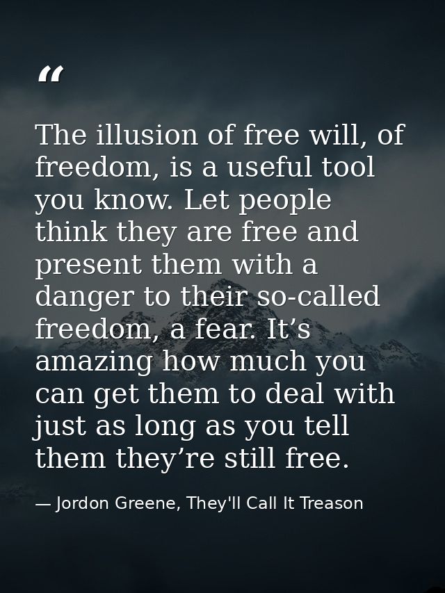 The illusion of free will, of freedom, is a useful tool you know. Let people think they are free and present them with a — Jordon Greene, They'll Call It Treason