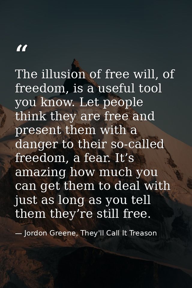 The illusion of free will, of freedom, is a useful tool you know. Let people think they are free and present them with a — Jordon Greene, They'll Call It Treason