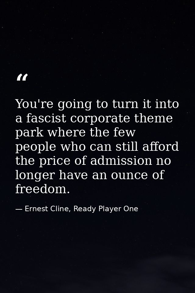You're going to turn it into a fascist corporate theme park where the few people who can still afford the price of admis — Ernest Cline, Ready Player One