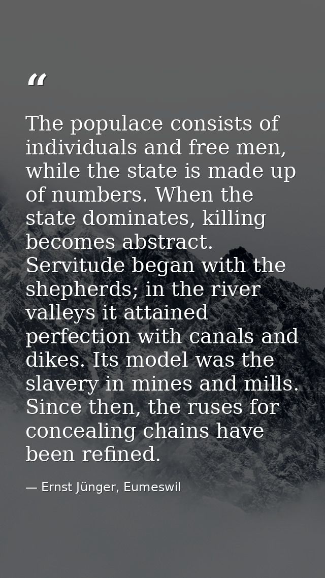 The populace consists of individuals and free men, while the state is made up of numbers. When the state dominates, kill — Ernst Jünger, Eumeswil