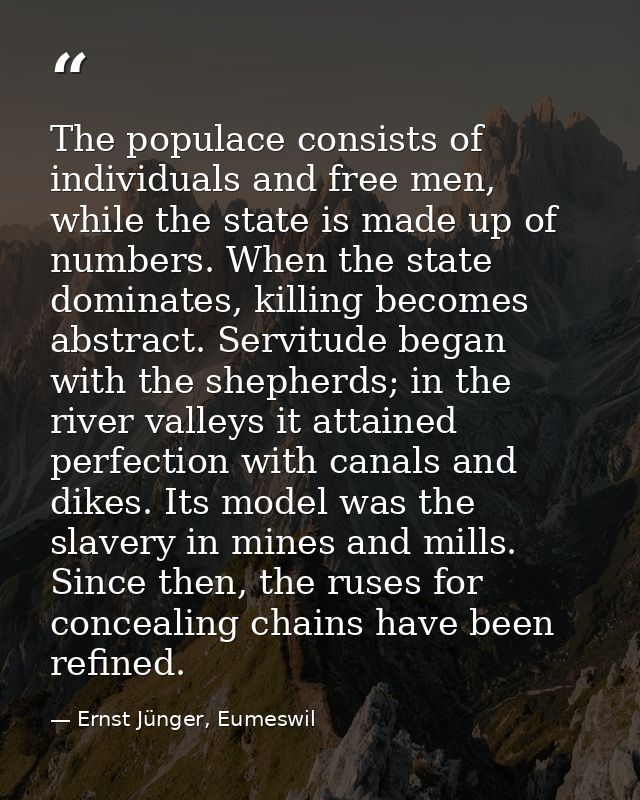 The populace consists of individuals and free men, while the state is made up of numbers. When the state dominates, kill — Ernst Jünger, Eumeswil