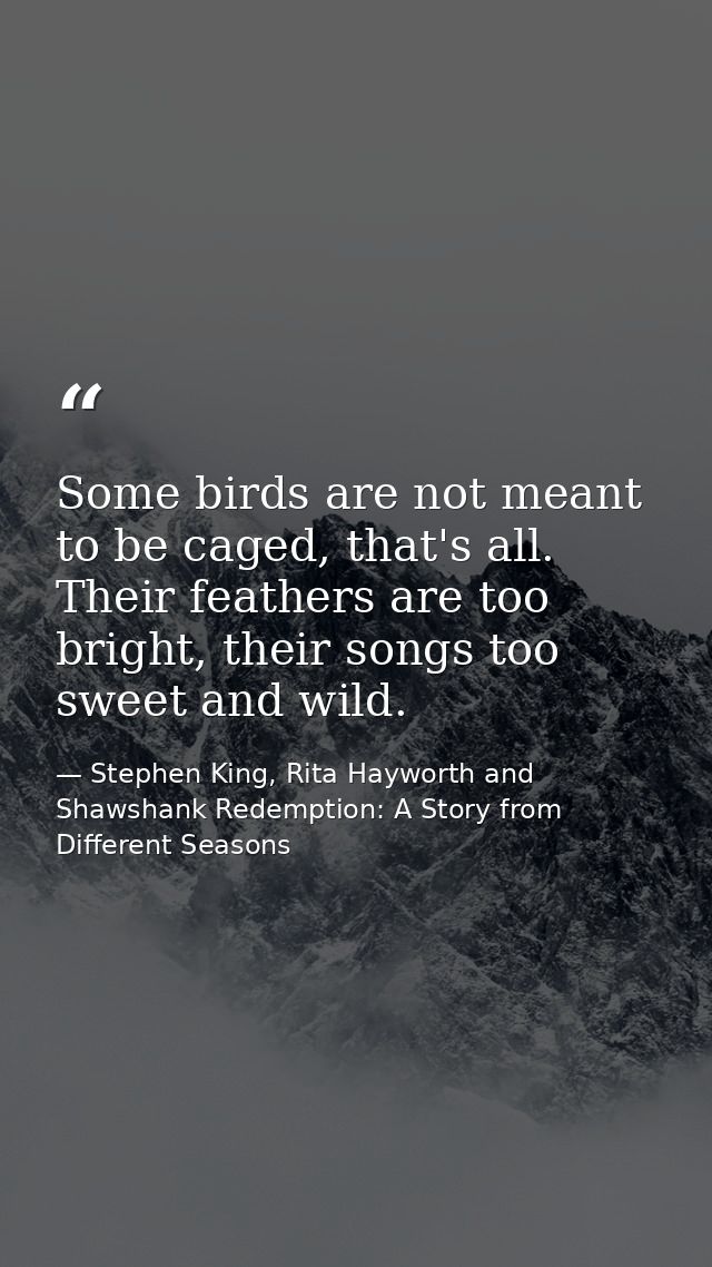 Some birds are not meant to be caged, that's all. Their feathers are too bright, their songs too sweet and wild. — Stephen King, Rita Hayworth and Shawshank Redemption: A Story from Different Seasons