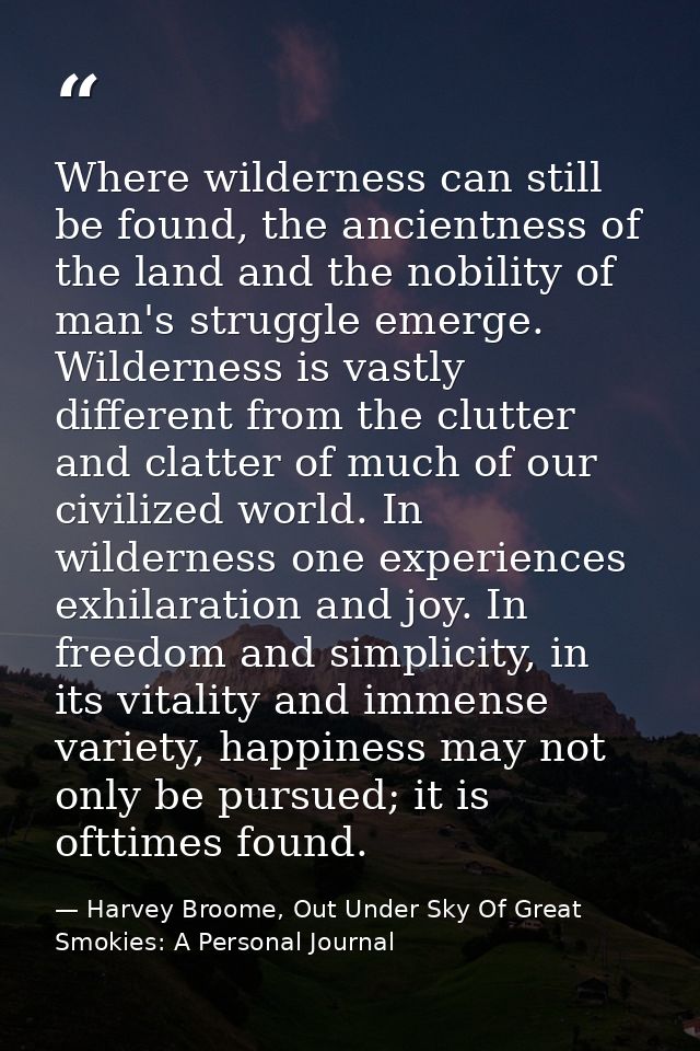 Where wilderness can still be found, the ancientness of the land and the nobility of man's struggle emerge. Wilderness i — Harvey Broome, Out Under Sky Of Great Smokies: A Personal Journal