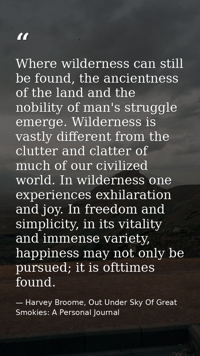 Where wilderness can still be found, the ancientness of the land and the nobility of man's struggle emerge. Wilderness i — Harvey Broome, Out Under Sky Of Great Smokies: A Personal Journal