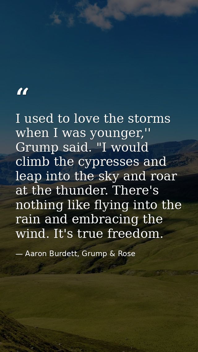 I used to love the storms when I was younger,'' Grump said. "I would climb the cypresses and leap into the sky and roar  — Aaron Burdett, Grump & Rose