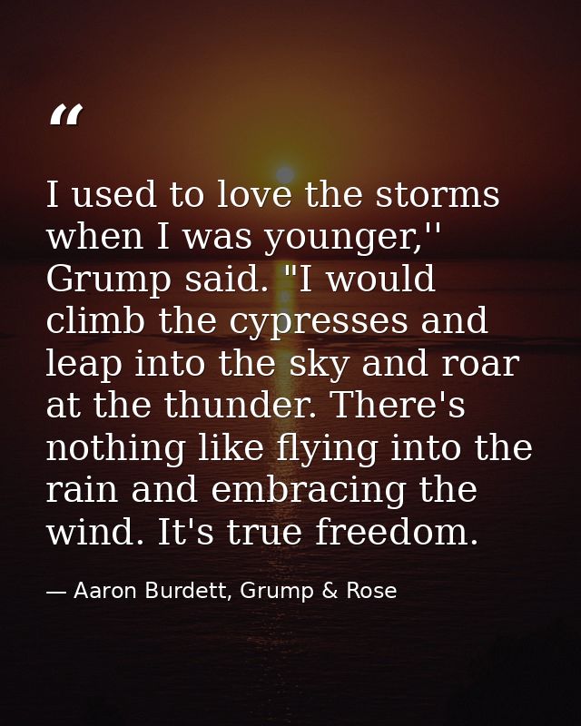 I used to love the storms when I was younger,'' Grump said. "I would climb the cypresses and leap into the sky and roar  — Aaron Burdett, Grump & Rose
