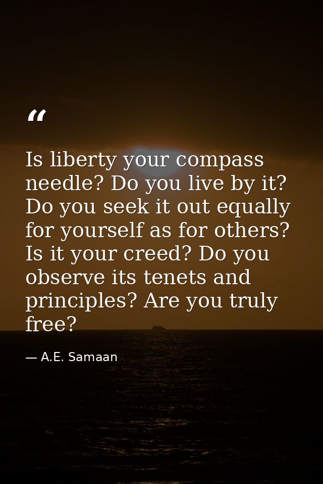 Is liberty your compass needle? Do you live by it? Do you seek it out equally for yourself as for others? Is it your cre — A.E. Samaan