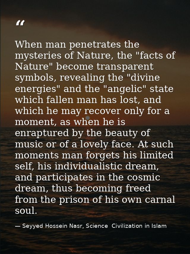 When man penetrates the mysteries of Nature, the "facts of Nature" become transparent symbols, revealing the "divine ene — Seyyed Hossein Nasr, Science  Civilization in Islam