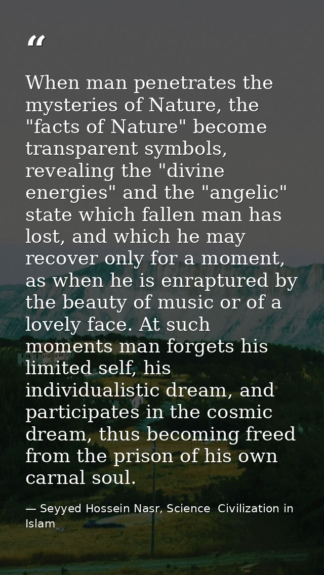 When man penetrates the mysteries of Nature, the "facts of Nature" become transparent symbols, revealing the "divine ene — Seyyed Hossein Nasr, Science  Civilization in Islam