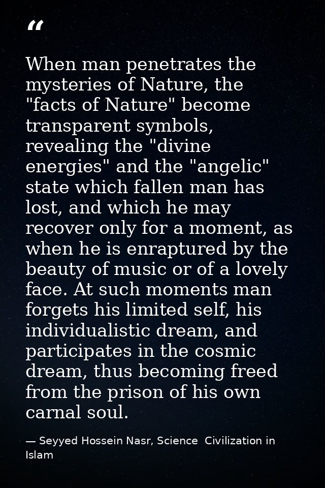 When man penetrates the mysteries of Nature, the "facts of Nature" become transparent symbols, revealing the "divine ene — Seyyed Hossein Nasr, Science  Civilization in Islam