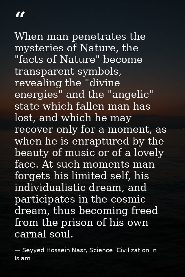 When man penetrates the mysteries of Nature, the "facts of Nature" become transparent symbols, revealing the "divine ene — Seyyed Hossein Nasr, Science  Civilization in Islam