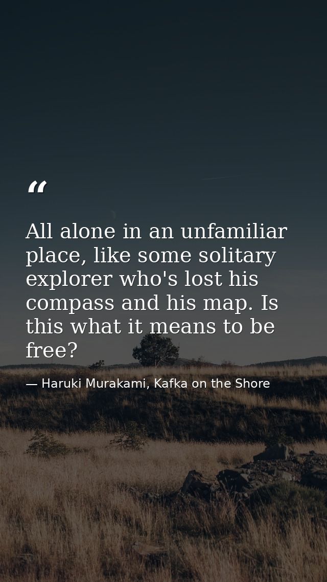 All alone in an unfamiliar place, like some solitary explorer who's lost his compass and his map. Is this what it means  — Haruki Murakami, Kafka on the Shore