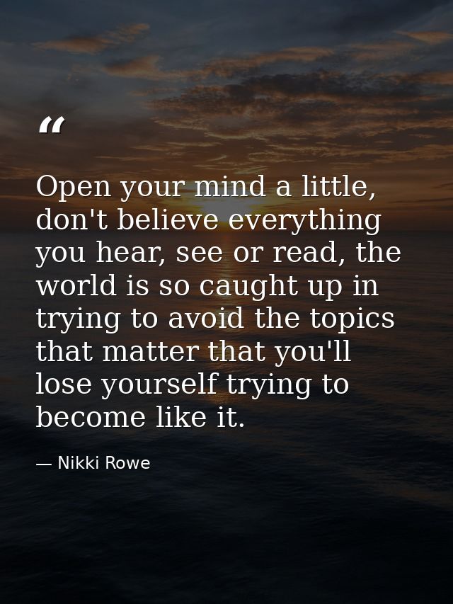 Open your mind a little, don't believe everything you hear, see or read, the world is so caught up in trying to avoid th — Nikki Rowe