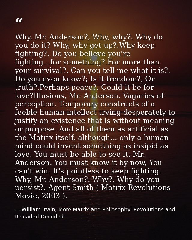 Why, Mr. Anderson?, Why, why?. Why do you do it? Why, why get up?.Why keep fighting?. Do you believe you're fighting...f — William Irwin, More Matrix and Philosophy: Revolutions and Reloaded Decoded