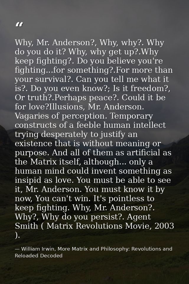 Why, Mr. Anderson?, Why, why?. Why do you do it? Why, why get up?.Why keep fighting?. Do you believe you're fighting...f — William Irwin, More Matrix and Philosophy: Revolutions and Reloaded Decoded