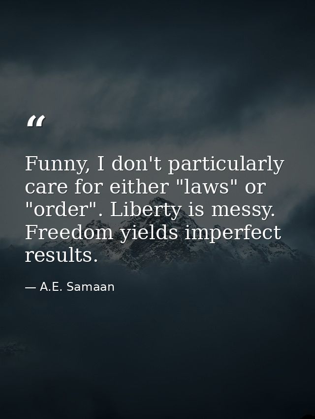 Funny, I don't particularly care for either "laws" or "order". Liberty is messy. Freedom yields imperfect results. — A.E. Samaan